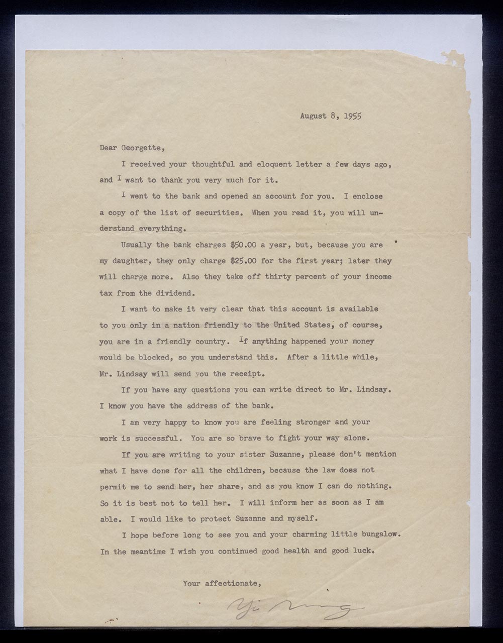 Letter from Chang Yi Ming to Georgette Chen, 8 August 1955