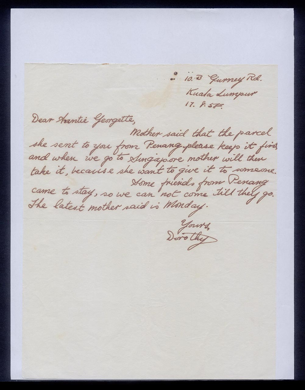 Letter from Dorothy Chen to Georgette Chen, 17 August 1955