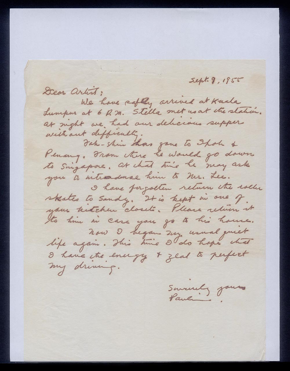 Letter from Pauline Chen to Georgette Chen, 9 September 1955