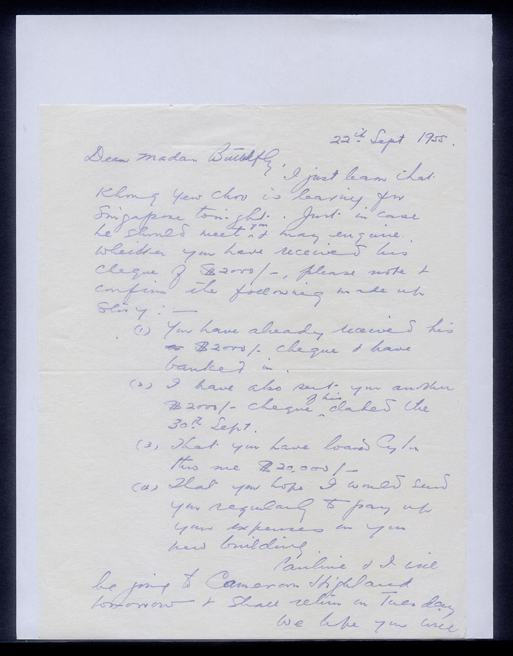 Letter from Chen Fah-Shin to Georgette Chen, 22 September 1955 (Page 1 of 2)