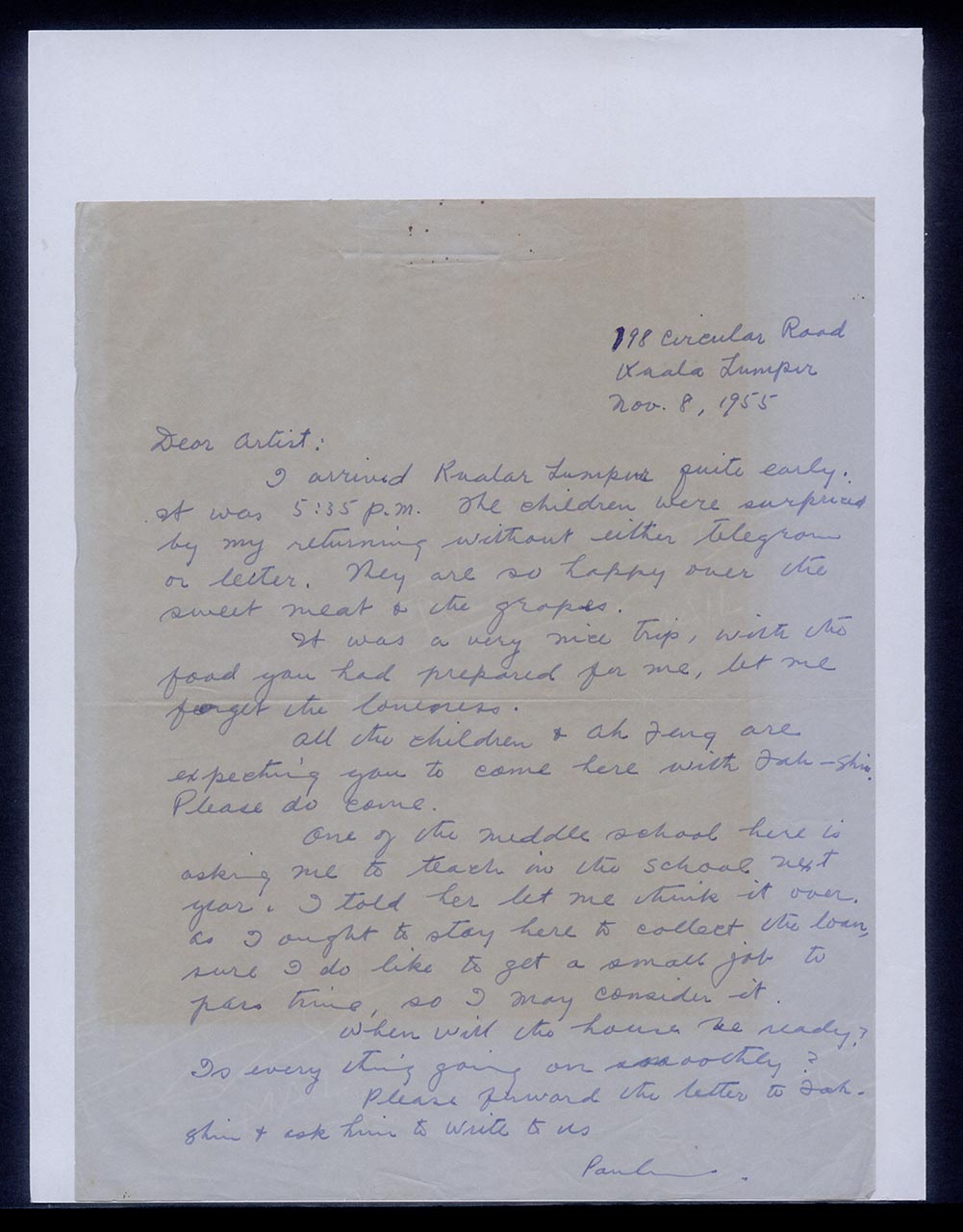 Letter from Pauline Chen to Georgette Chen, 8 November 1955