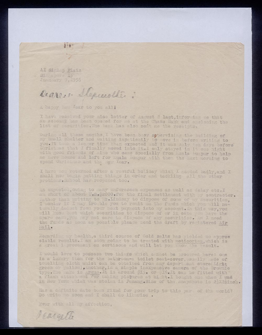 Letter from Georgette Chen to Chang Yi Ming, 9 January 1956