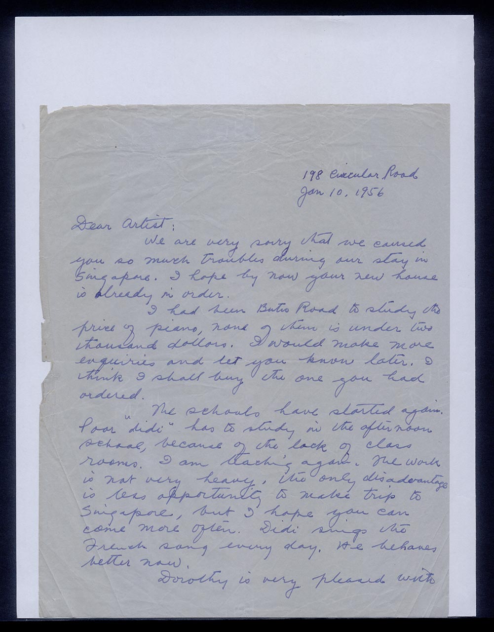 Letter from Pauline Chen to Georgette Chen, 10 January 1956 (Page 1 of 2)