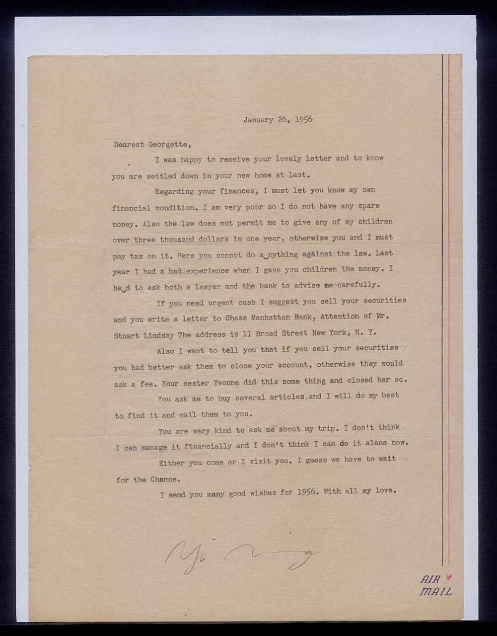 Letter from Chang Yi Ming to Georgette Chen, 26 January 1956