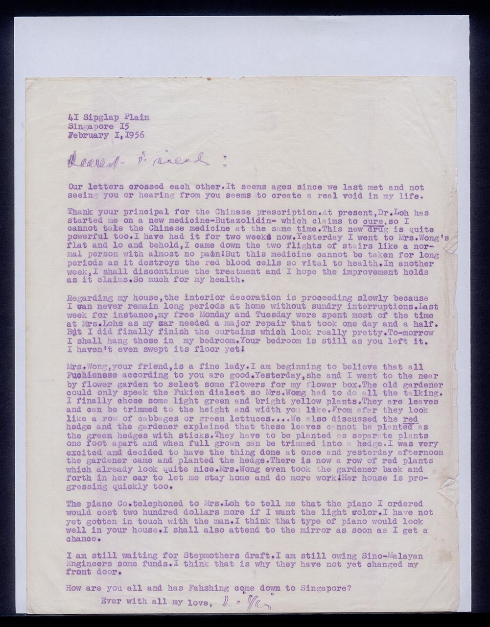 Letter from Georgette Chen to the Chen family, 1 February 1956