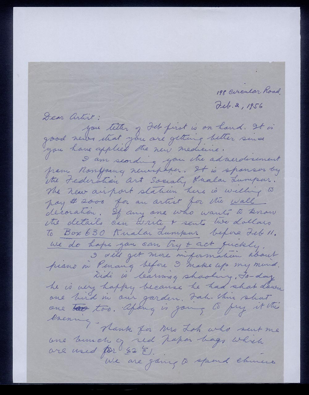 Letter from Pauline Chen to Georgette Chen, 2 February 1956 (Page 1 of 2)