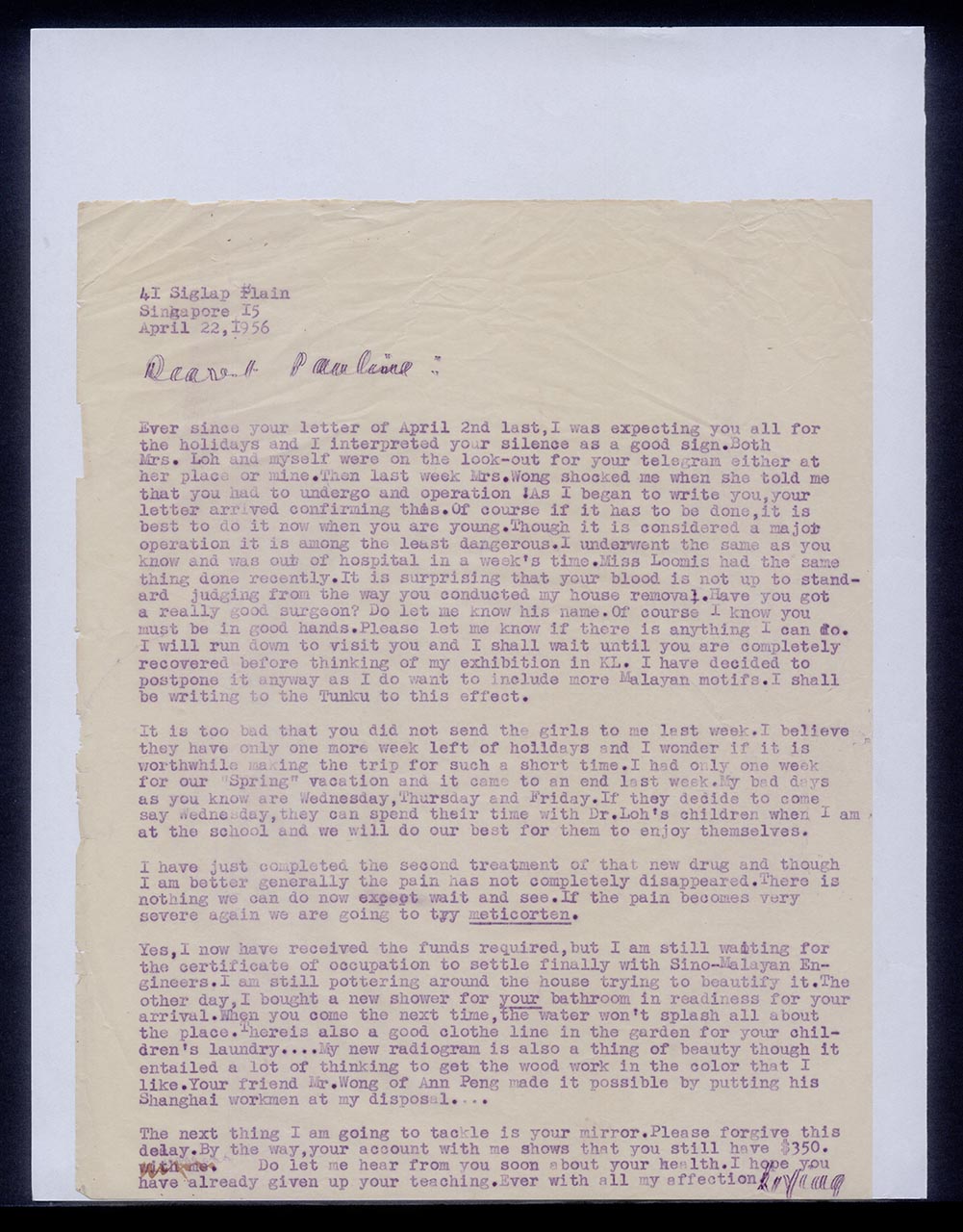 Letter from Georgette Chen to Pauline Chen, 22 April 1956