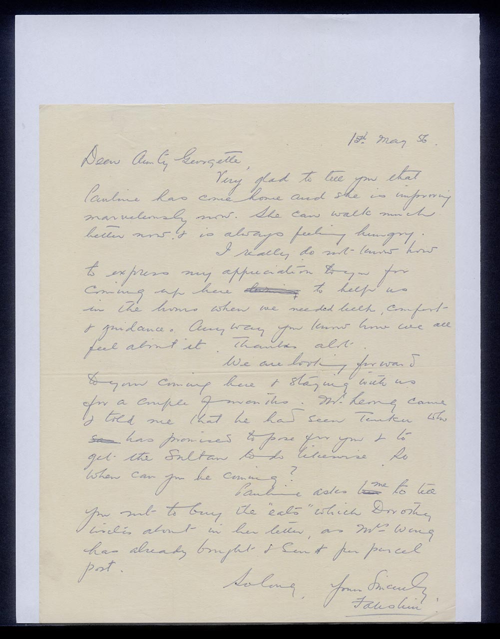 Letter from Chen Fah-Shin to Georgette Chen, 1 May 1956