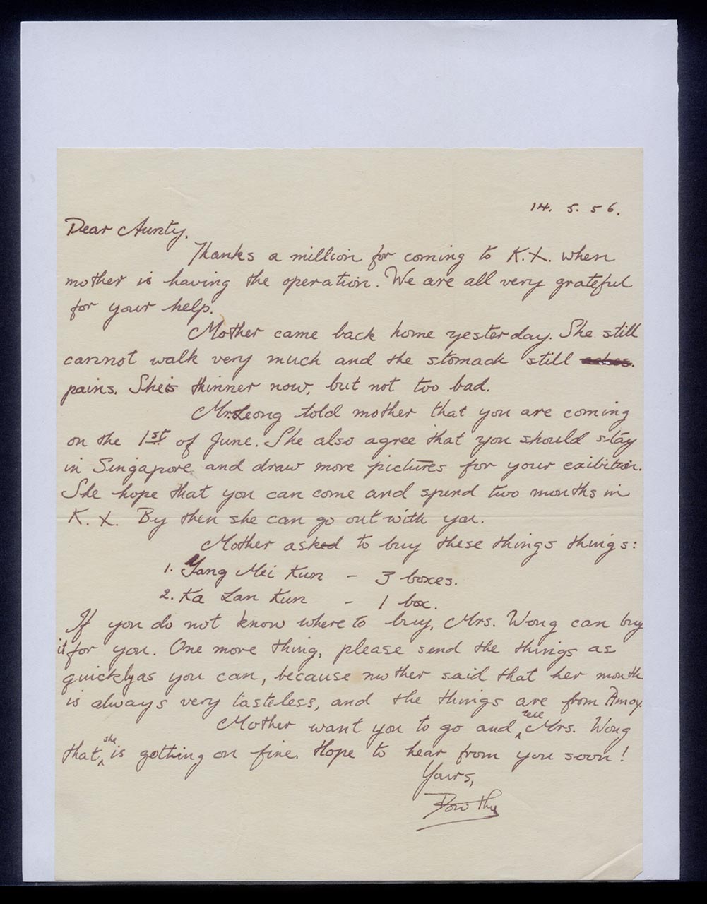 Letter from Dorothy Chen to Georgette Chen, 14 May 1956