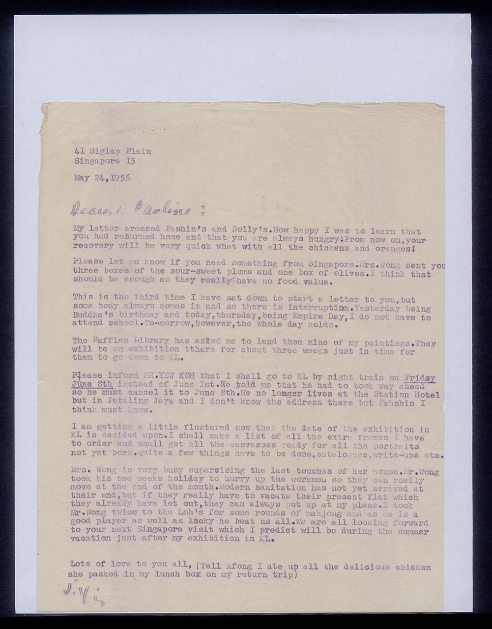 Letter from Georgette Chen to Pauline Chen, 24 May 1956