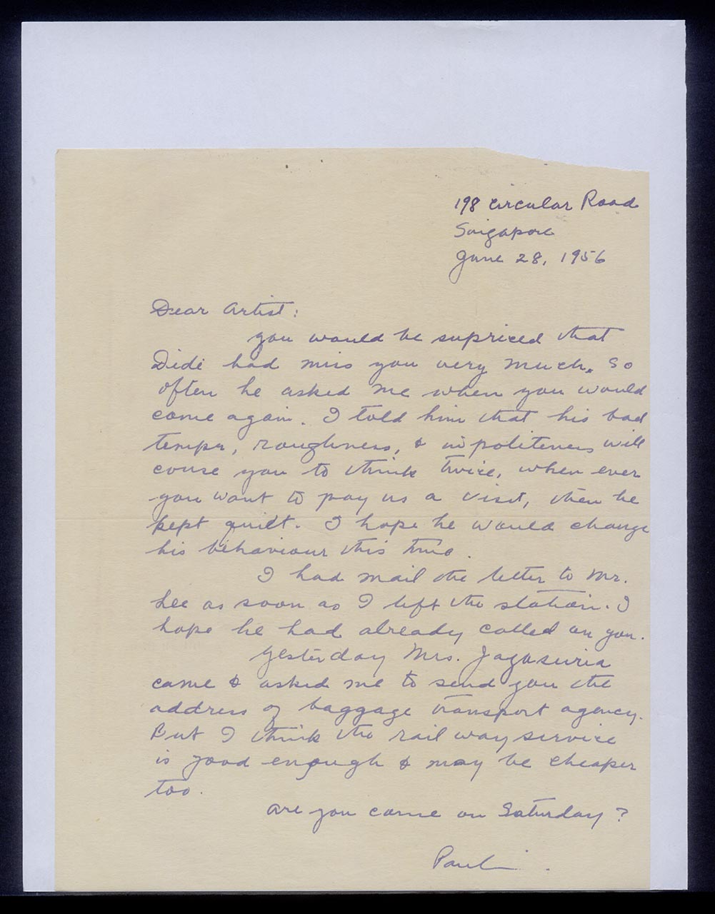Letter from Pauline Chen to Georgette Chen, 28 June 1956