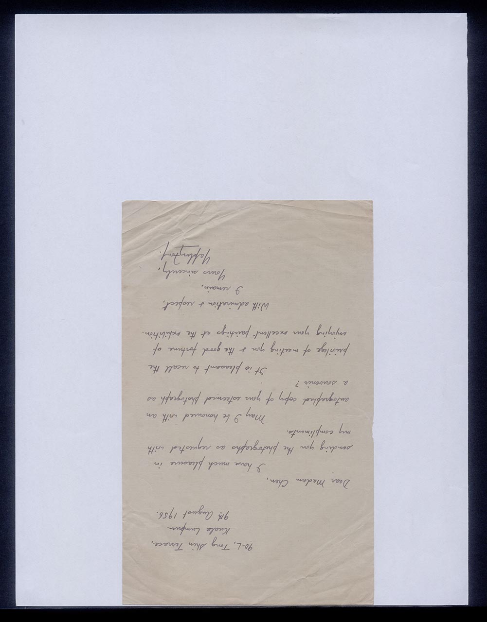 Letter from Yeplong Fong to Georgette Chen, 9 August 1956