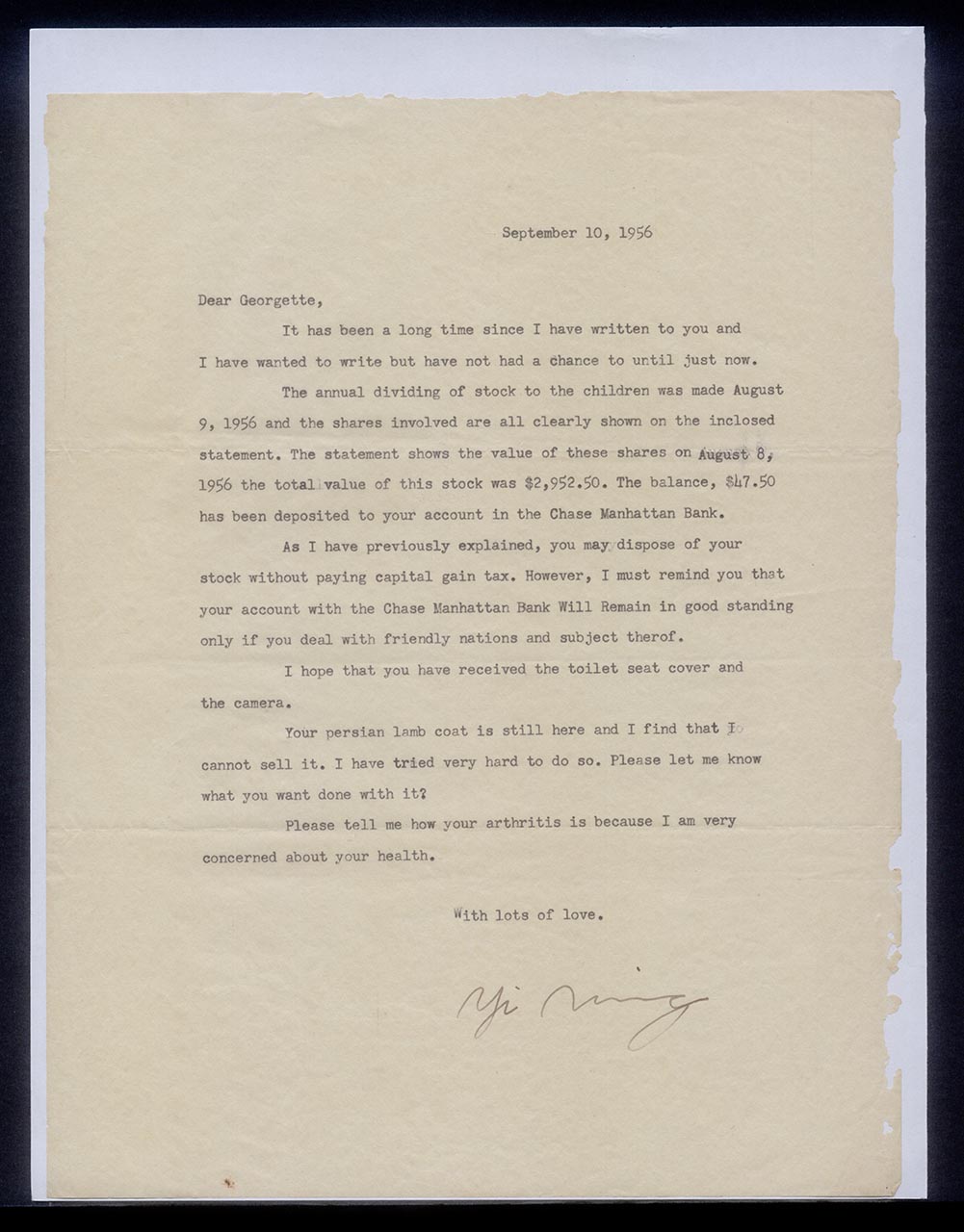 Letter from Chang Yi Ming to Georgette Chen, 10 September 1956