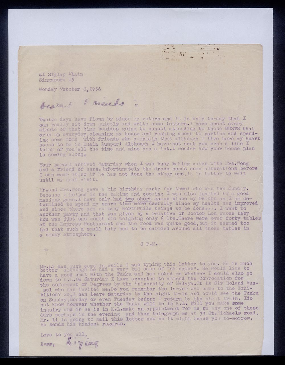 Letter from Georgette Chen to the Chens, 8 October 1956