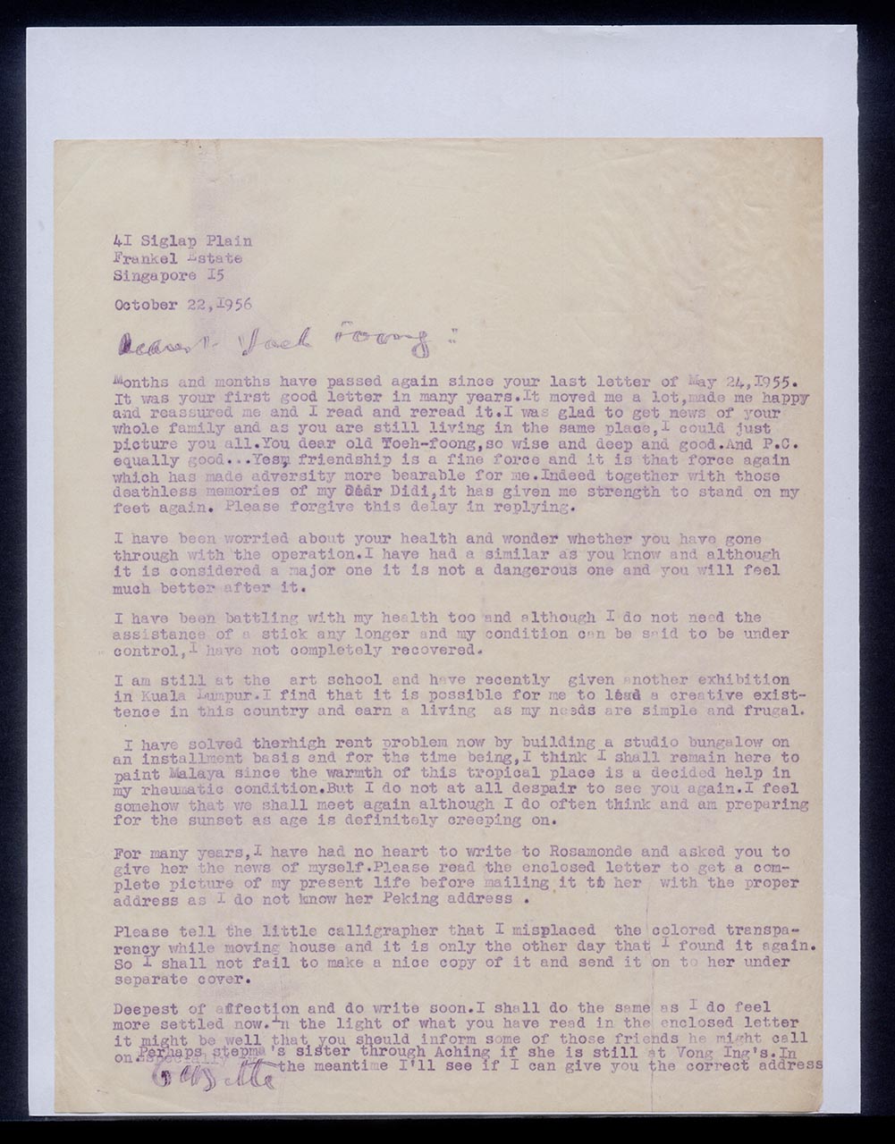 Letter from Georgette Chen to Chuang Yoeh Foong, 22 October 1956