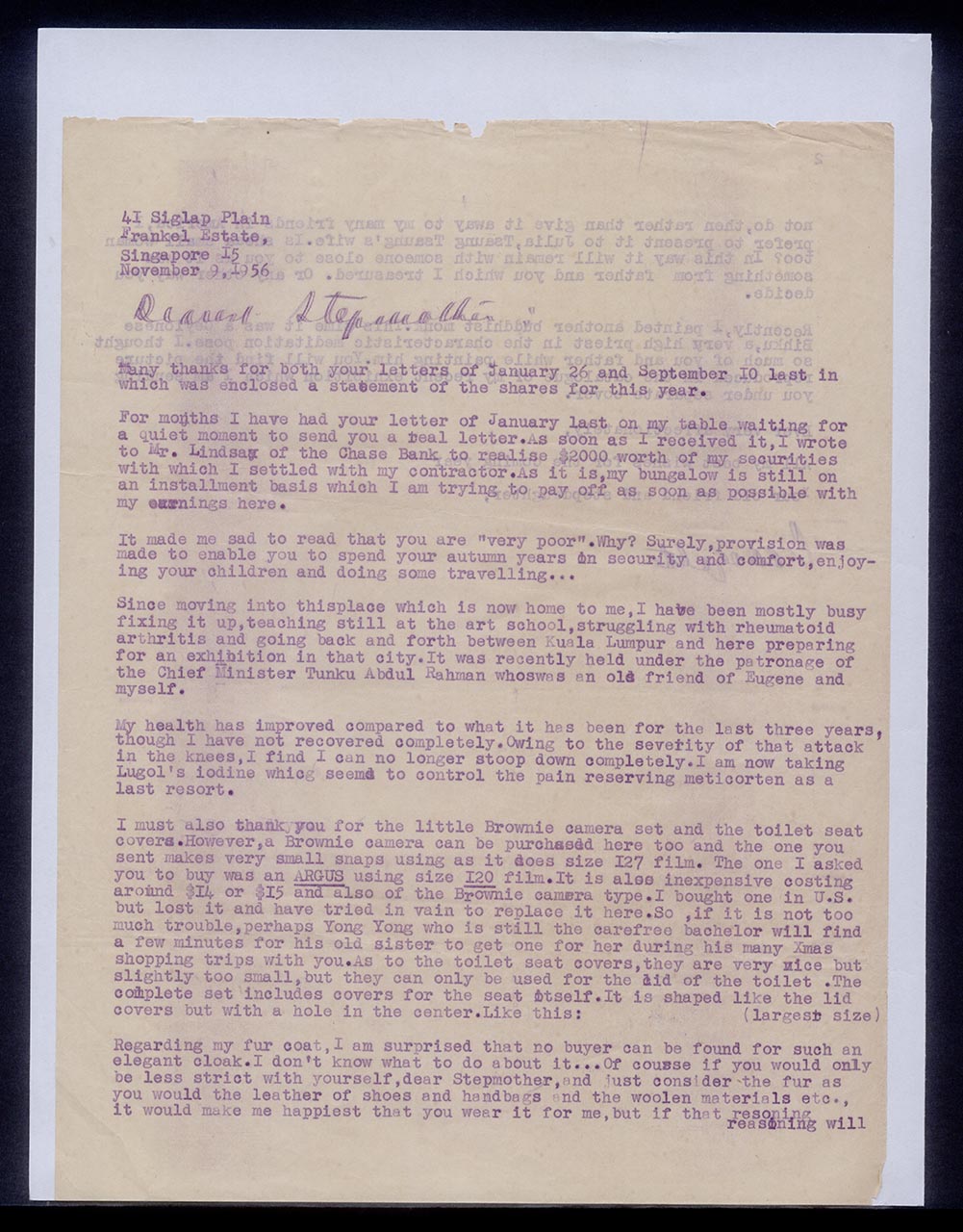 Letter from Georgette Chen to Chang Yi Ming, 9 November 1956 (Page 1 of 2)