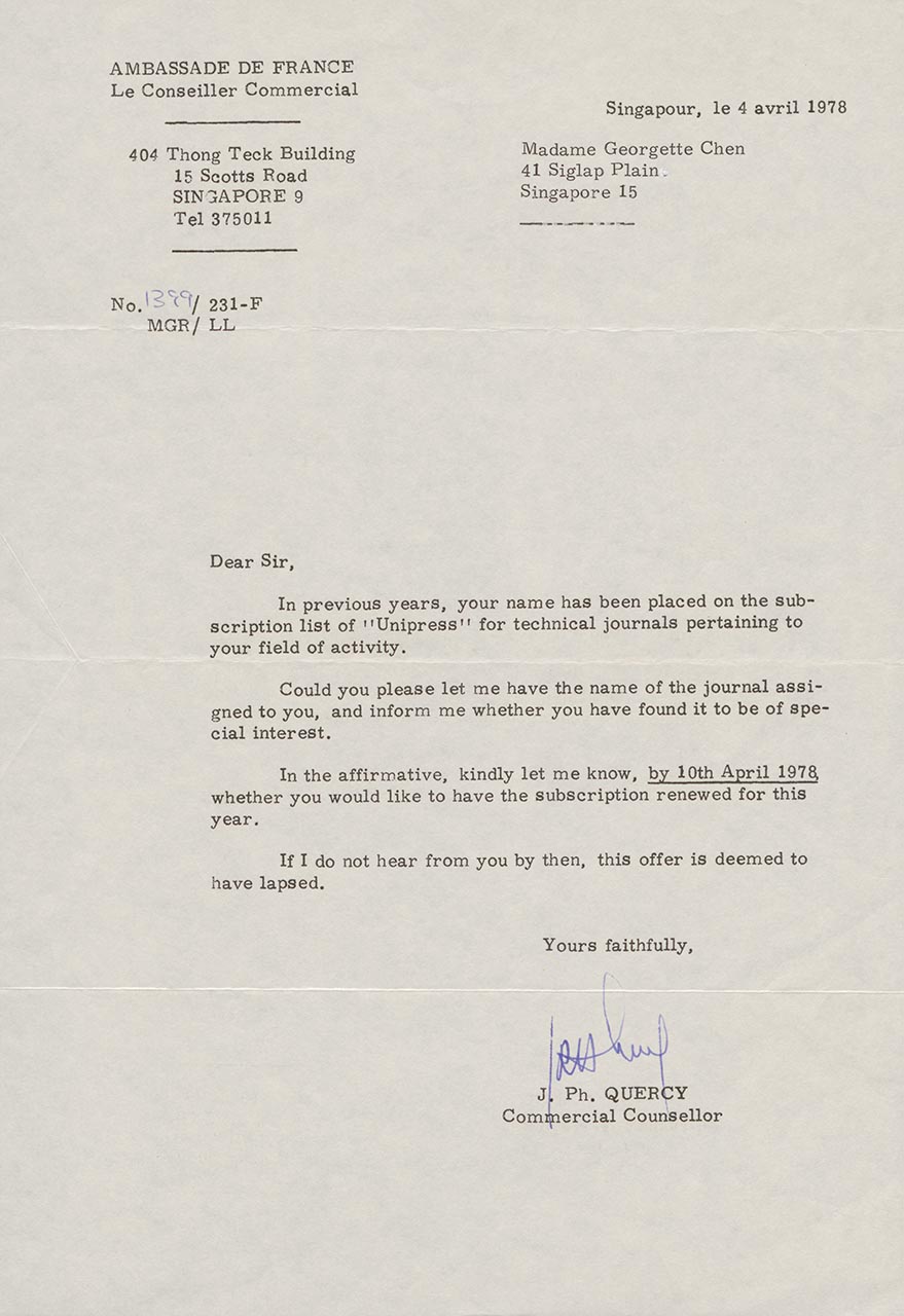 Letter from J. Ph. Quercy to Georgette Chen, 14 April 1978 (Page 2 of 2)