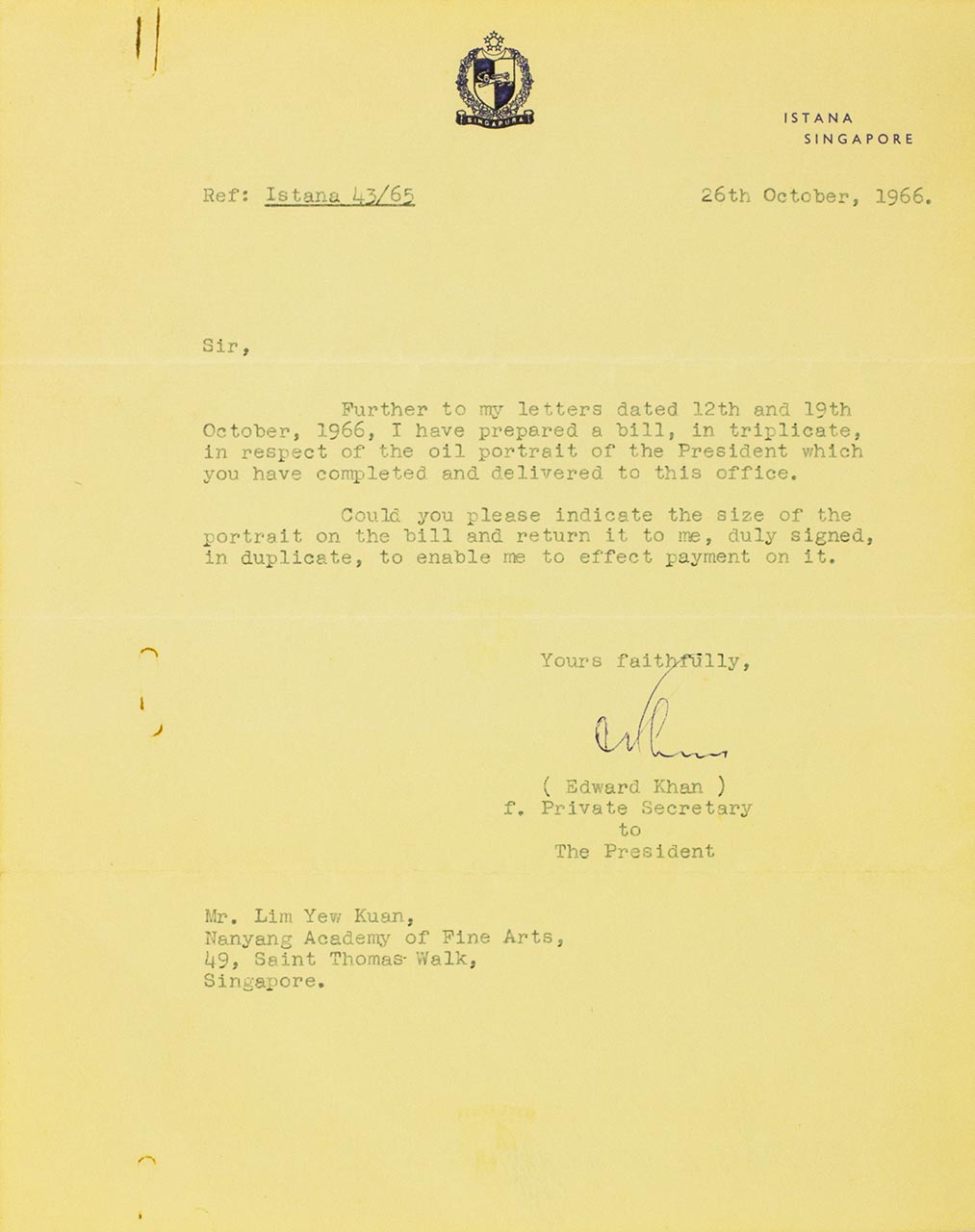 Letter from Edward Khan (Private Secretary to The President) to Lim Yew Kuan