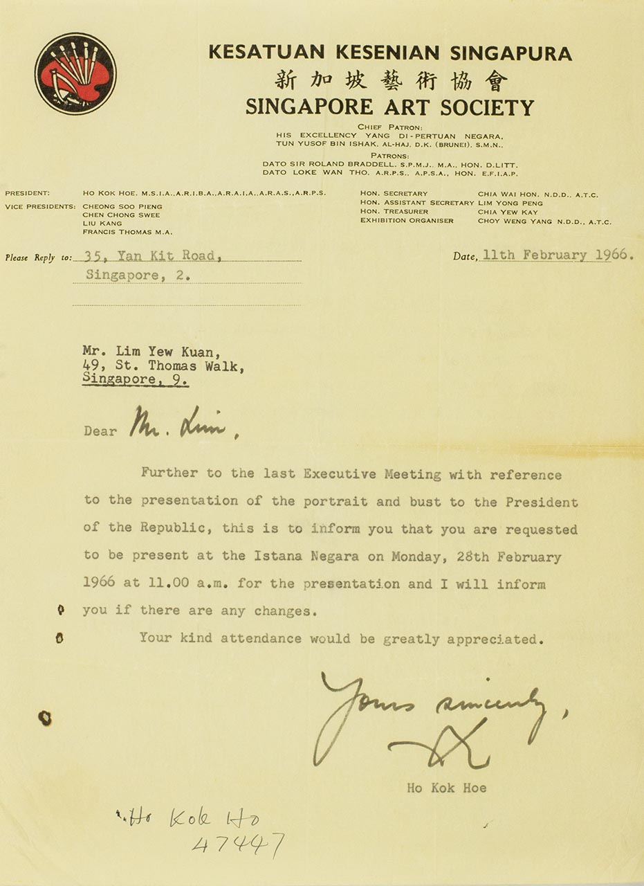 Letter from Ho Kok Hoe (Singapore Art Society) to Lim Yew Kuan