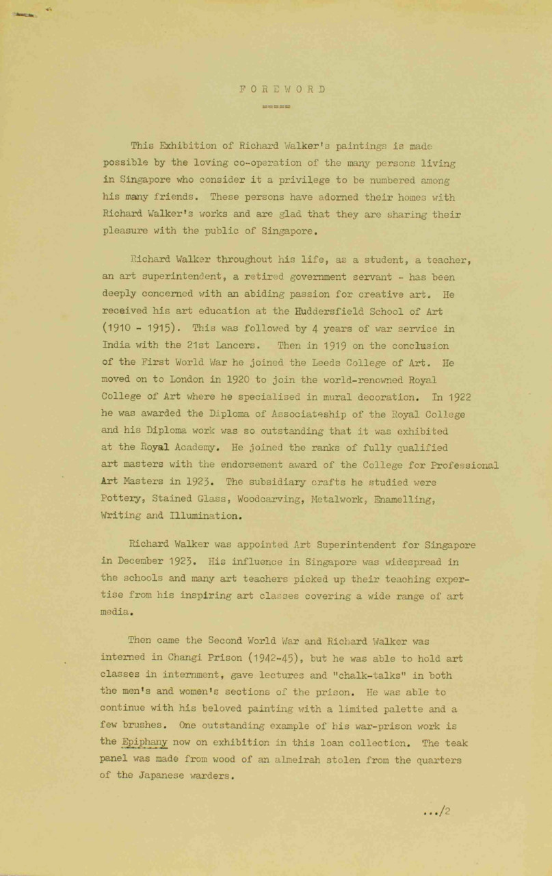 Foreword for an exhibition of Richard Walker's paintings