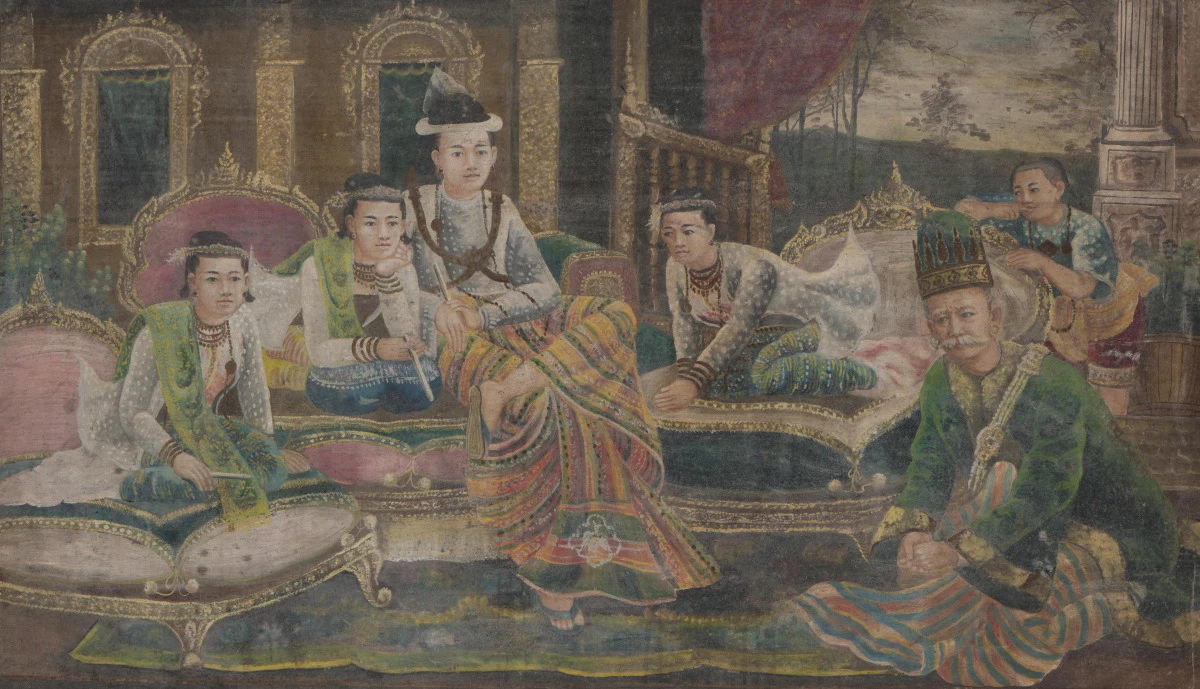 Saya Aye. <i>Royal Family Portrait with Mustached Minister.</i> 1918. Oil on zinc, 58 x 98 cm. Collection of National Gallery Singapore. 2018-00417. This acquisition was made possible with donations to the Art Adoption & Acquisition Programme. 2018-00417. Image courtesy of National Heritage Board.