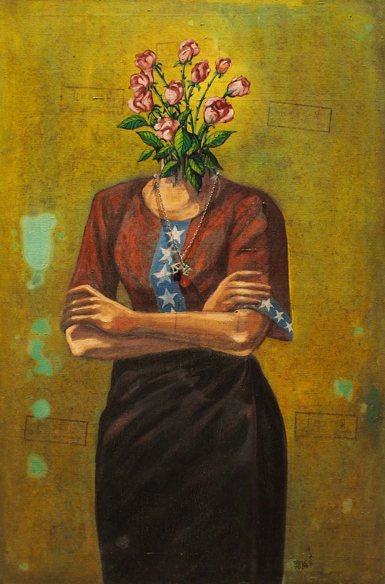 San Minn. <i>Age of Full Bloom</i>. 1979. Oil and metal chain on canvas, 89 x 59 cm. Collection of National Gallery Singapore. 2015-00411. Image courtesy of the artist.