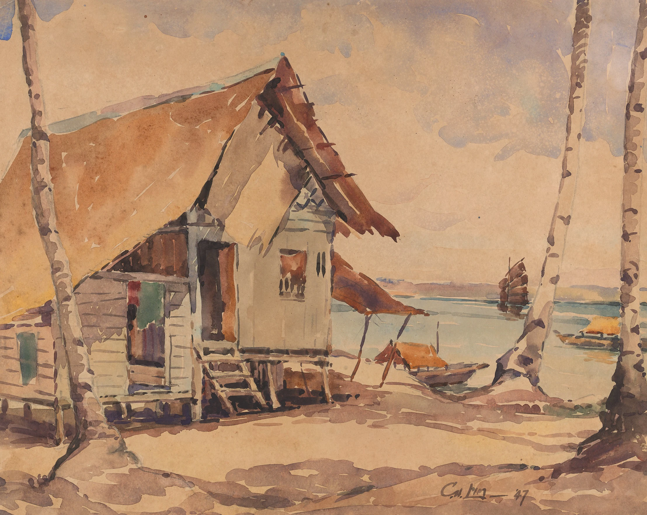 Lim Cheng Hoe. <i>Malay Huts at Punggol</i>. 1947. Watercolour on paper, 40 x 50.5 cm. Collection of the artist's family. © Family of Lim Cheng Hoe.