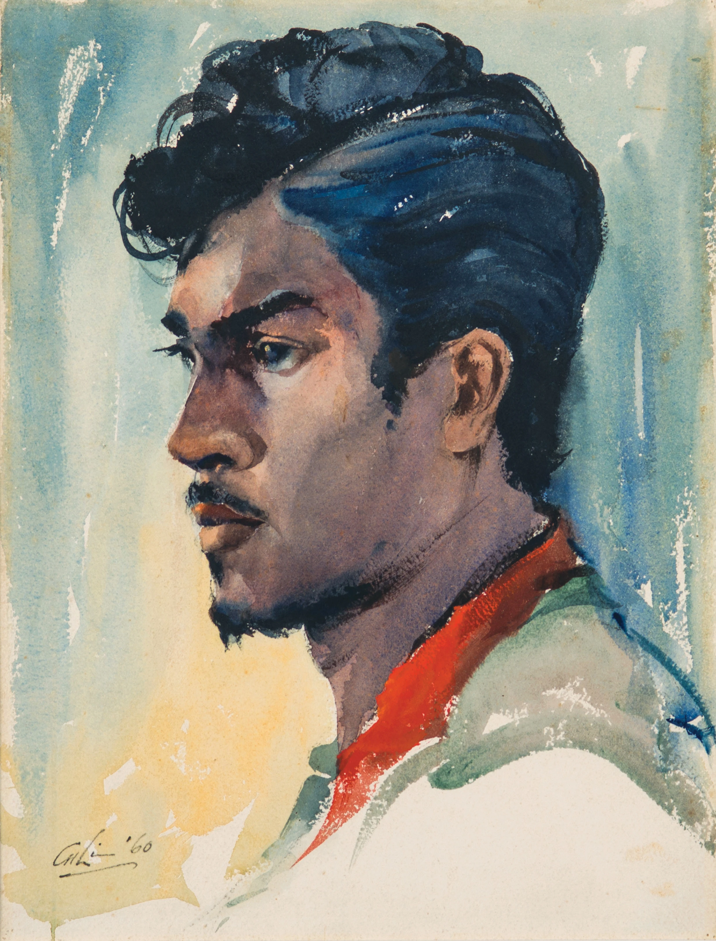 Lim Cheng Hoe. <i>The Red Scarf</i>. 1960. Watercolour on paper, 42.5 x 33 cm. Gift of Michael Lim Hock Ann. Collection of National Gallery Singapore. © Family of Lim Cheng Hoe.