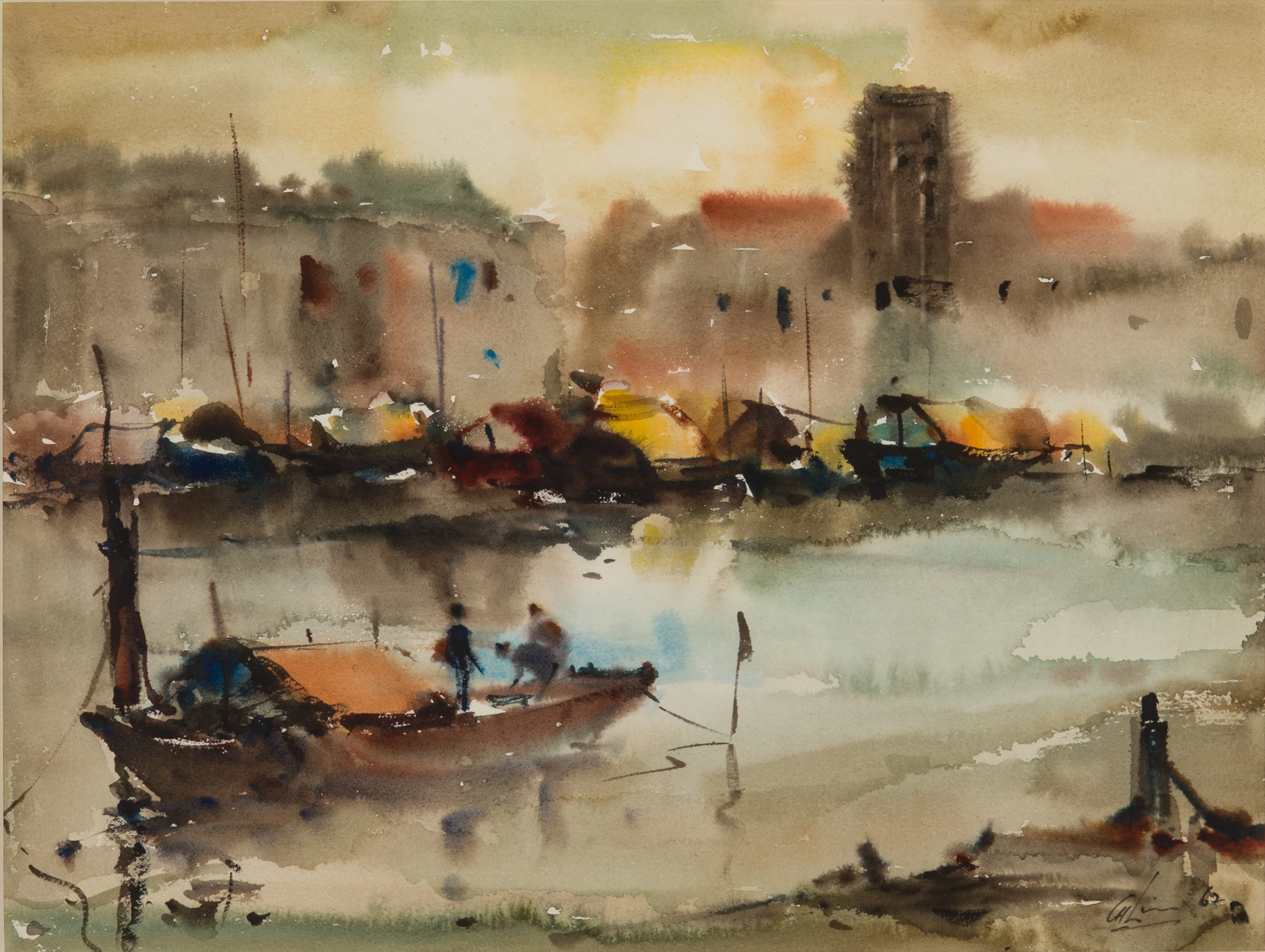 Lim Cheng Hoe. <i>Singapore River</i>. 1962. Watercolour on paper, 37.8 x 50.5 cm. Collection of National Gallery Singapore. © Family of Lim Cheng Hoe.
