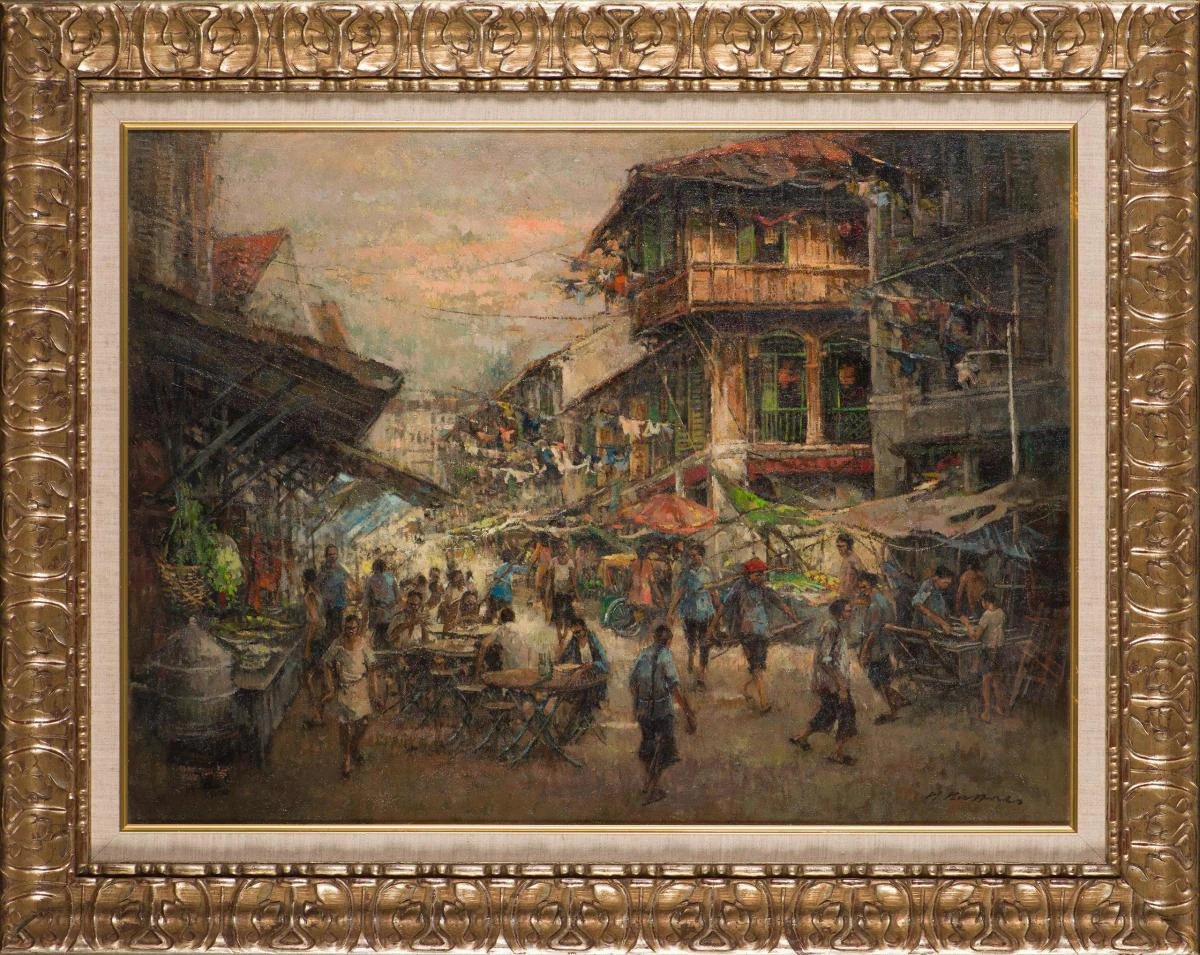 Figure 8. Choo Keng Kwang, Temple Street, 1970, Oil on canvas; Close-up of the samsui woman with the red headgear on the left, full painting on the right