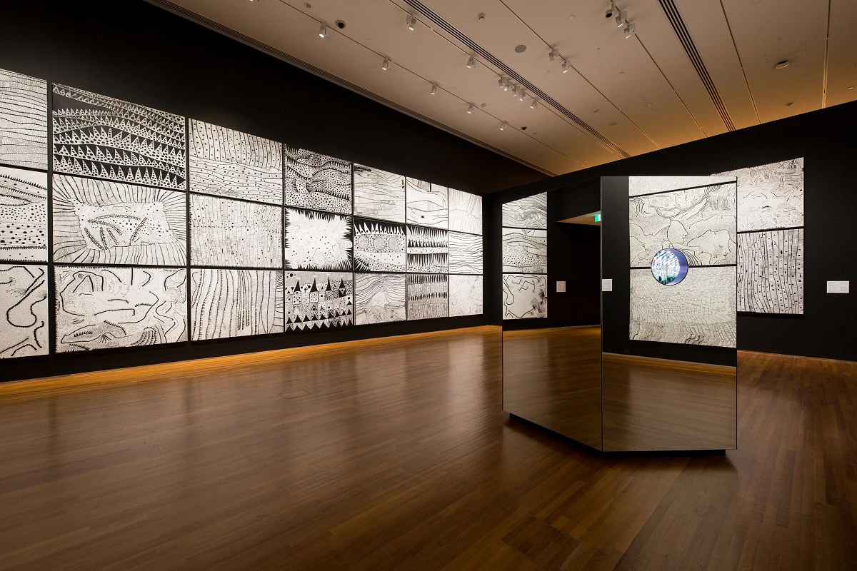 Yayoi Kusama. <i>Love Forever</i> series. 2004–2007. Silkscreen on canvas. 130.3 x 162 cm each. Collection of the artist. In exhibition view of <i>YAYOI KUSAMA: Life is the Heart of a Rainbow</i>, National Gallery Singapore, 2017.