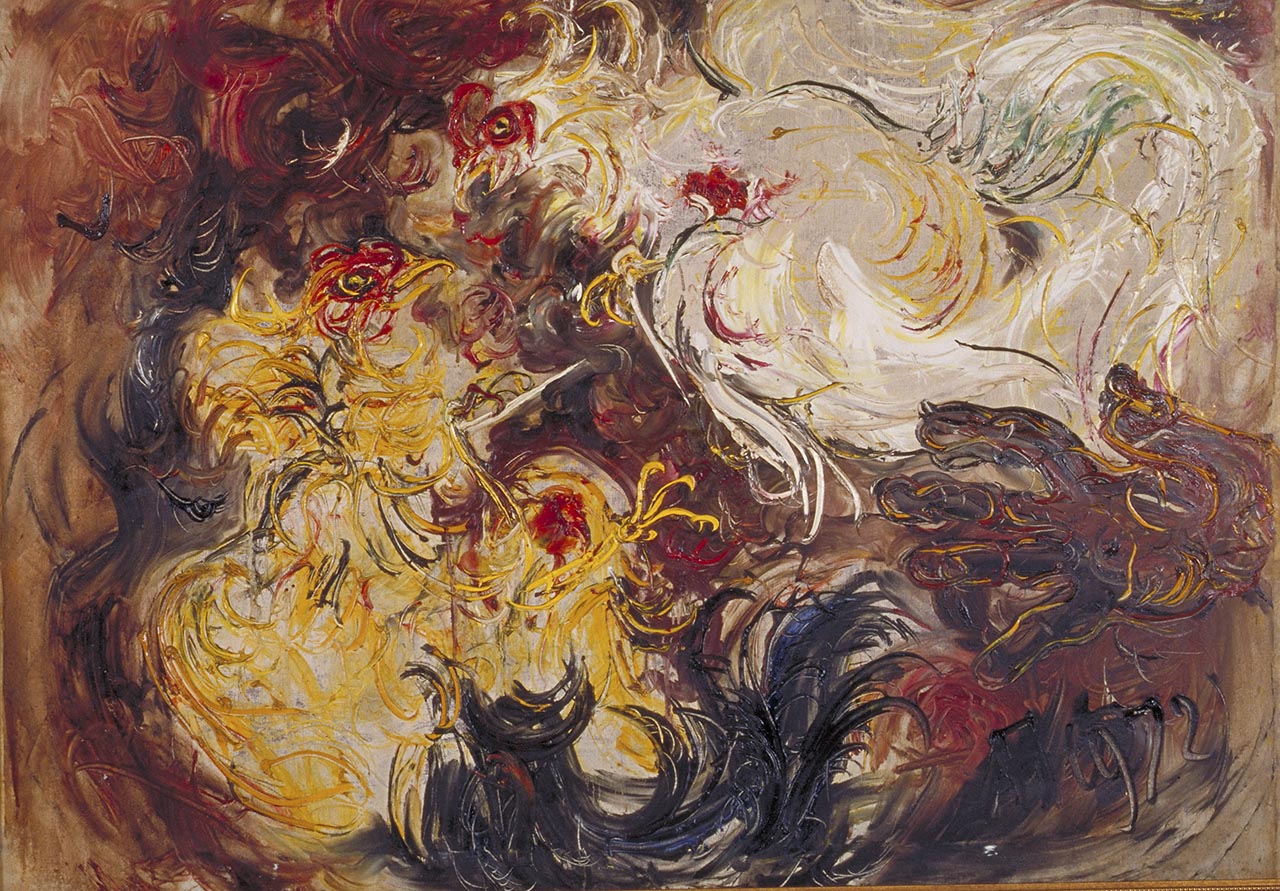 Hanengevecht, schilderij van Affandi