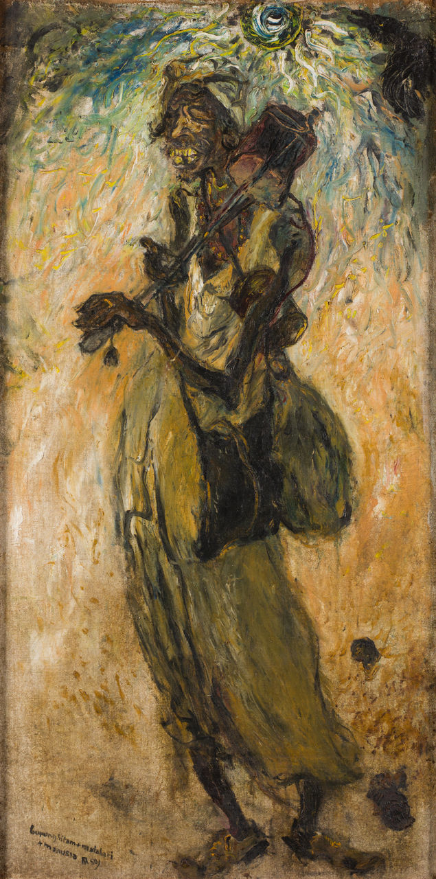 Zwarte vogel, zon, mens, schilderij van Affandi