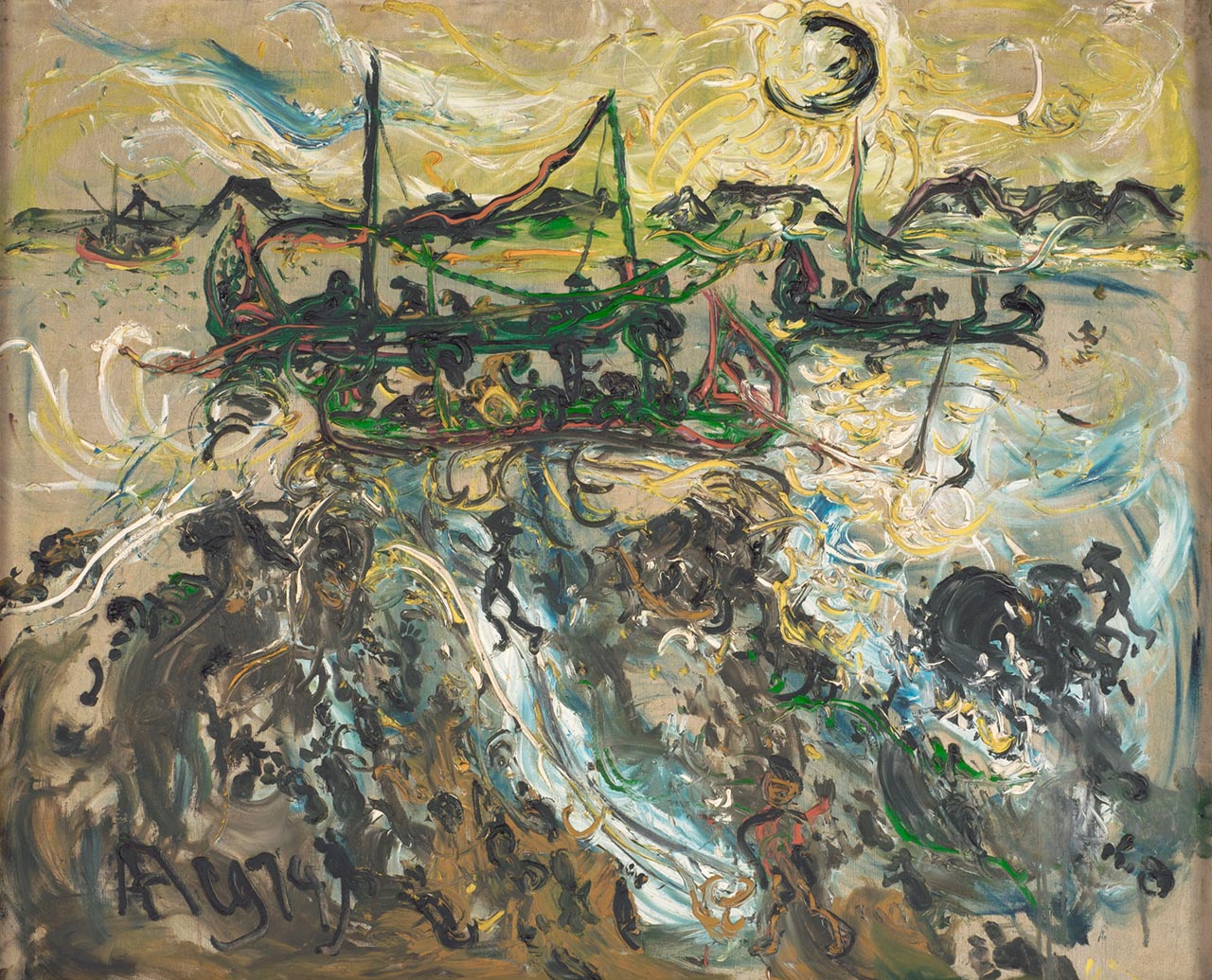 Vissersboot in Semarang, schilderij van Affandi