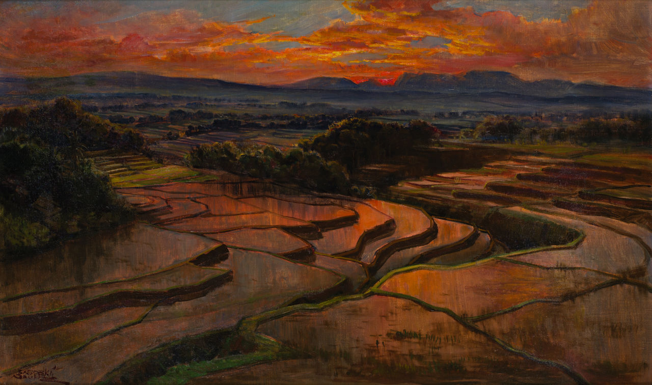 Zonsondergang, schilderij van Basoeki Abdullah