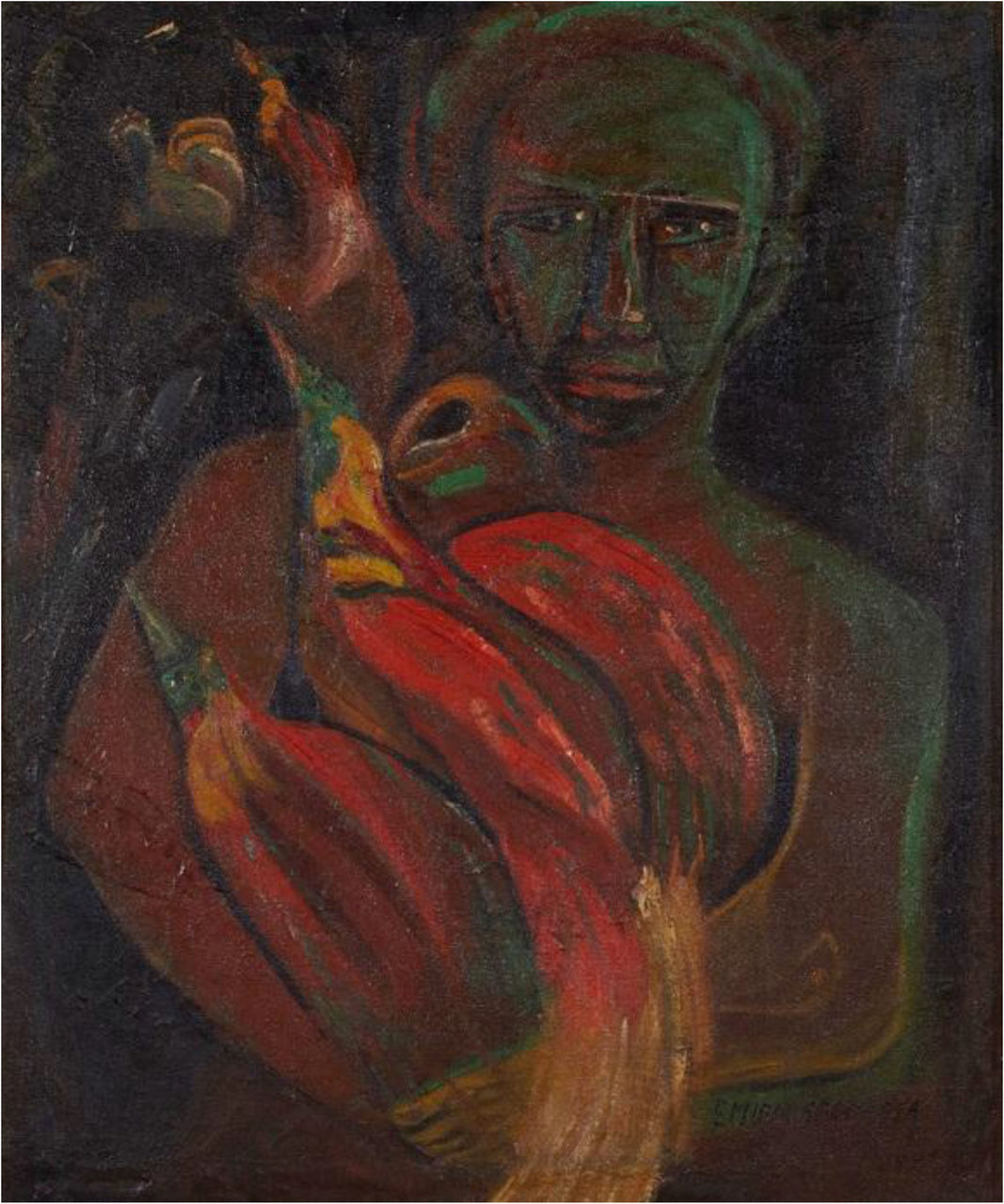 Papoea-man met paradijsvogels, schilderij van Emiria Sunassa