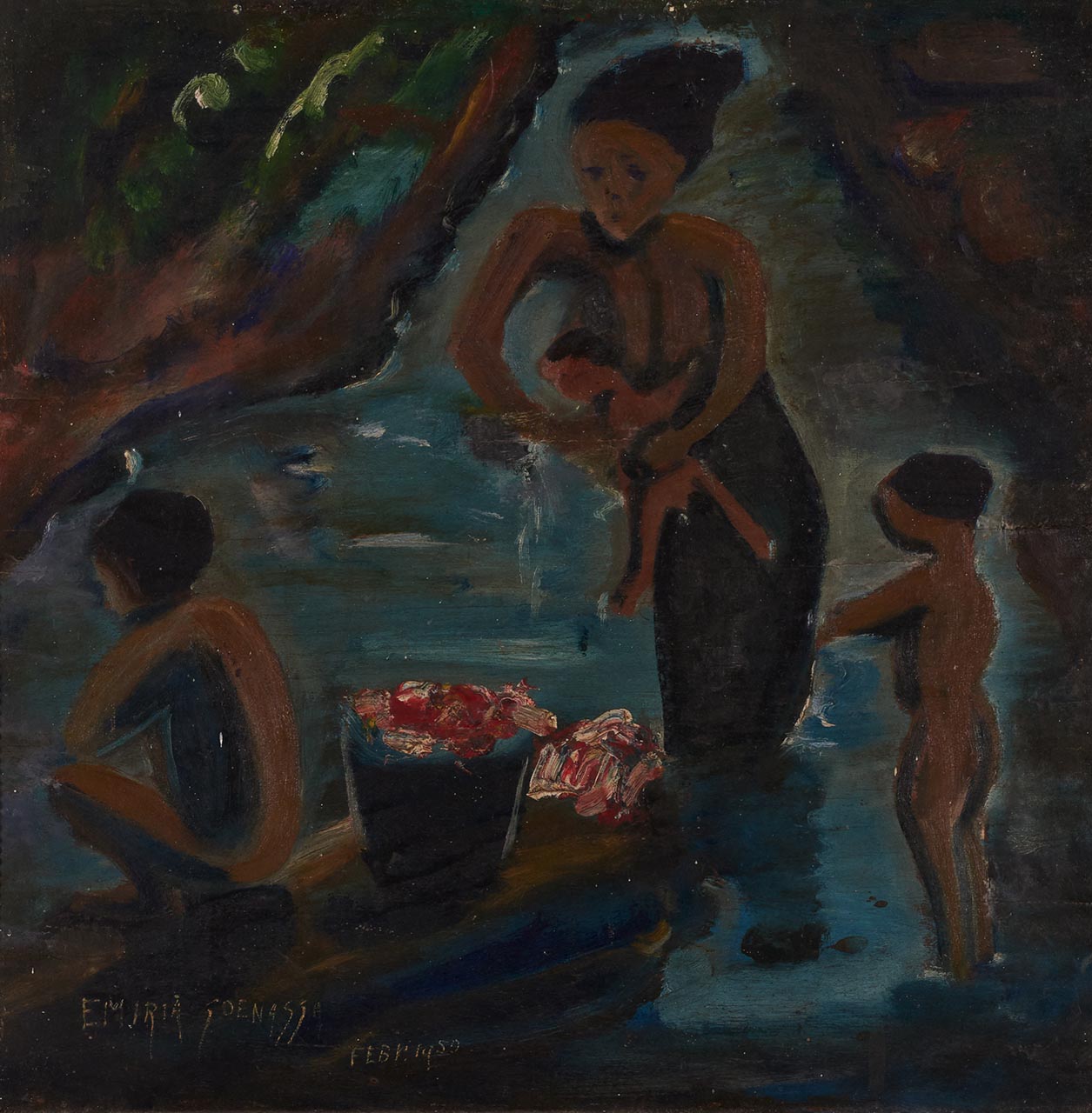 Zwemmen in de rivier, schilderij van Emiria Sunassa