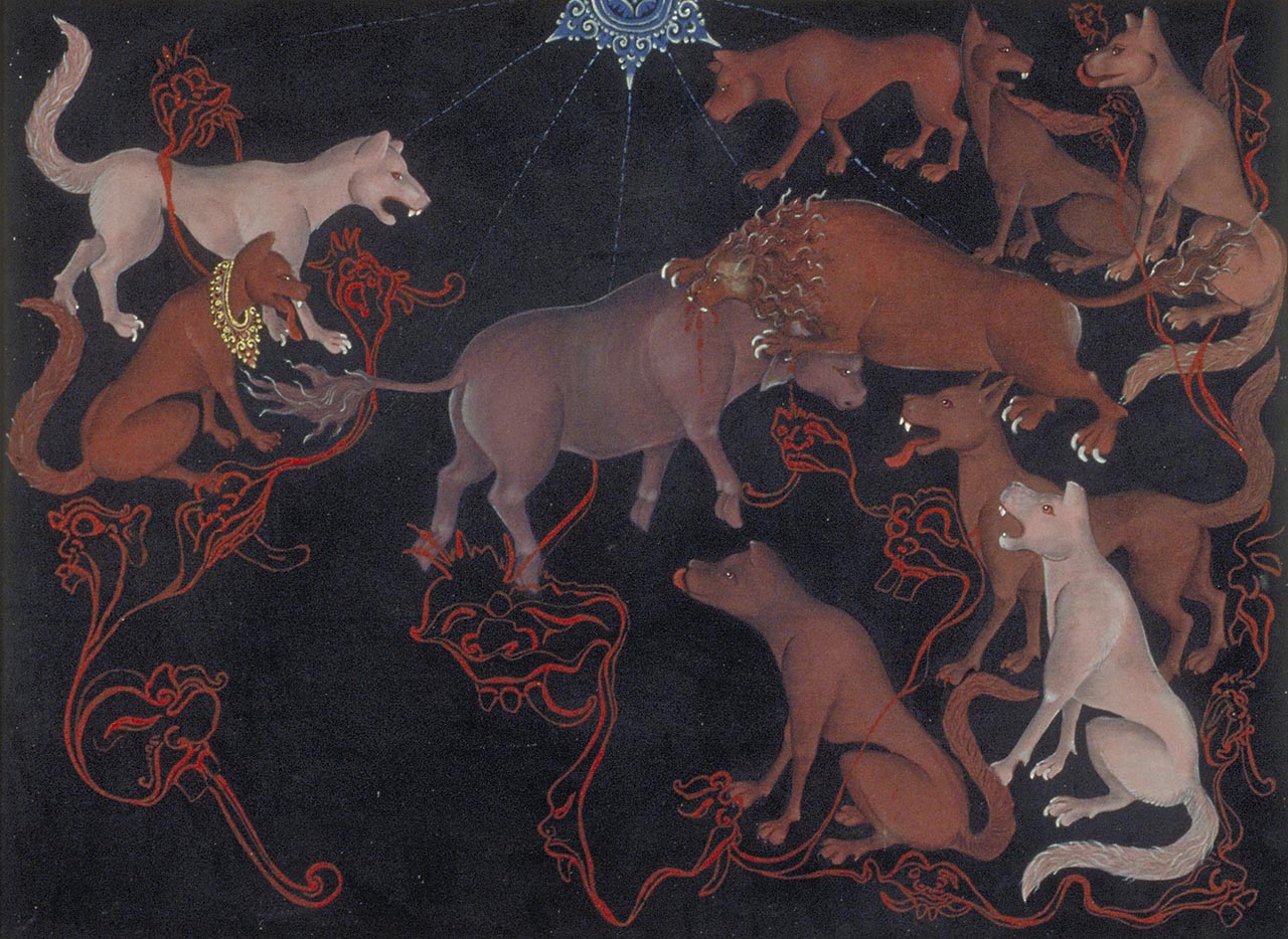Roedel honden die kijken hoe een leeuw een stier aanvalt, schilderij van I Made Sujendra