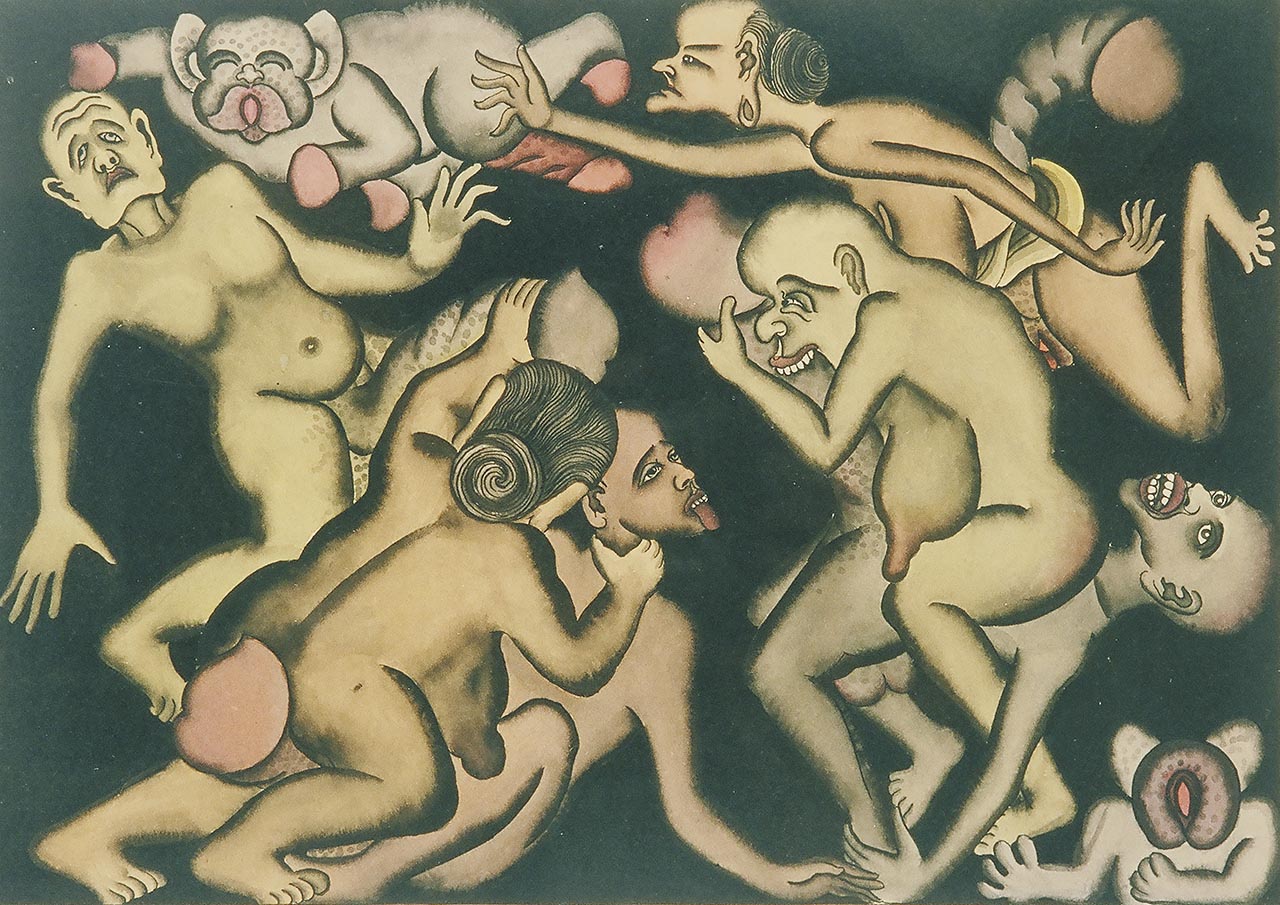 Tantrische scène, schilderij van Ida Bagus Ketut Soenia