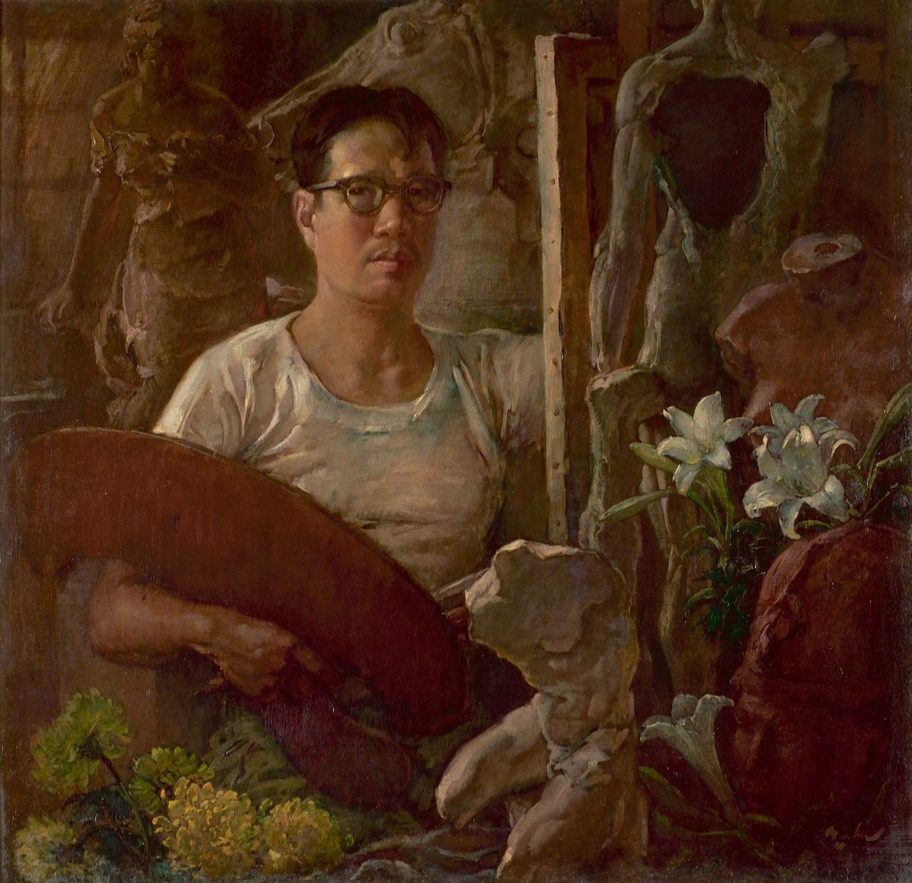 Zelfportret in het atelier, schilderij van Lee Man Fong