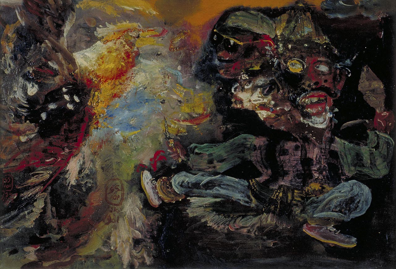 Luchtgevecht tussen Dasamuka en Jatayu, schilderij van S. Sudjojono