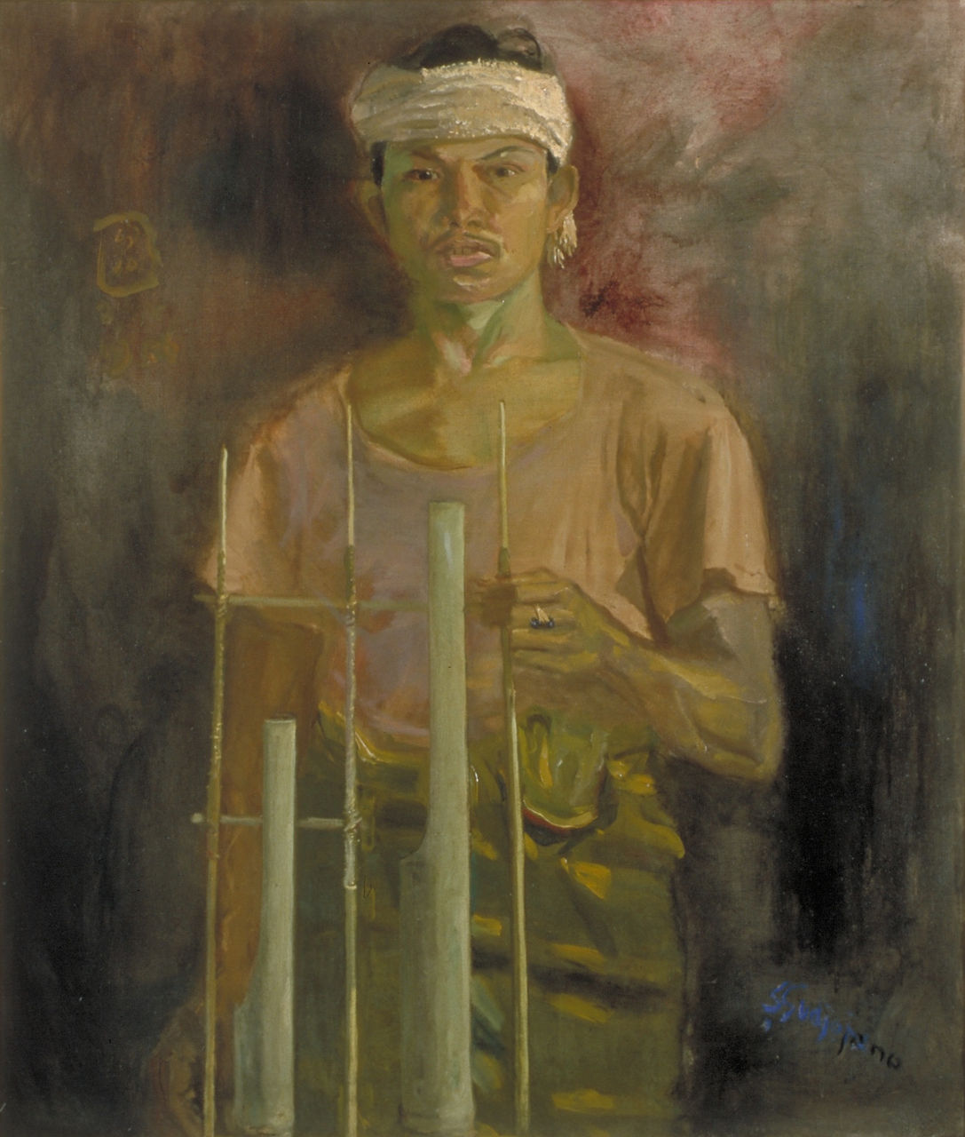 Angklung-speler, schilderij van S. Sudjojono