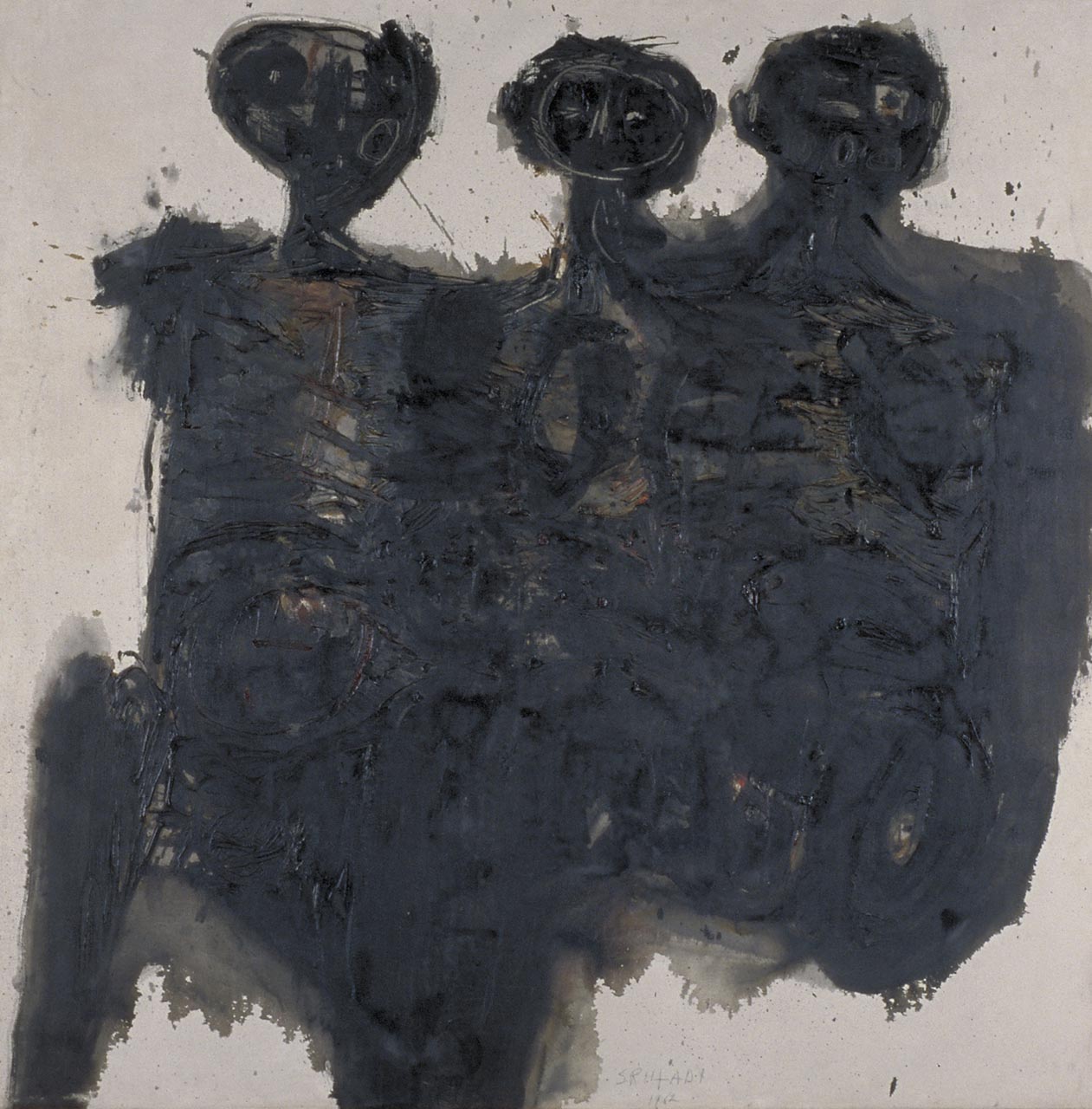 Drie figuren, schilderij van Srihadi Soedarsono