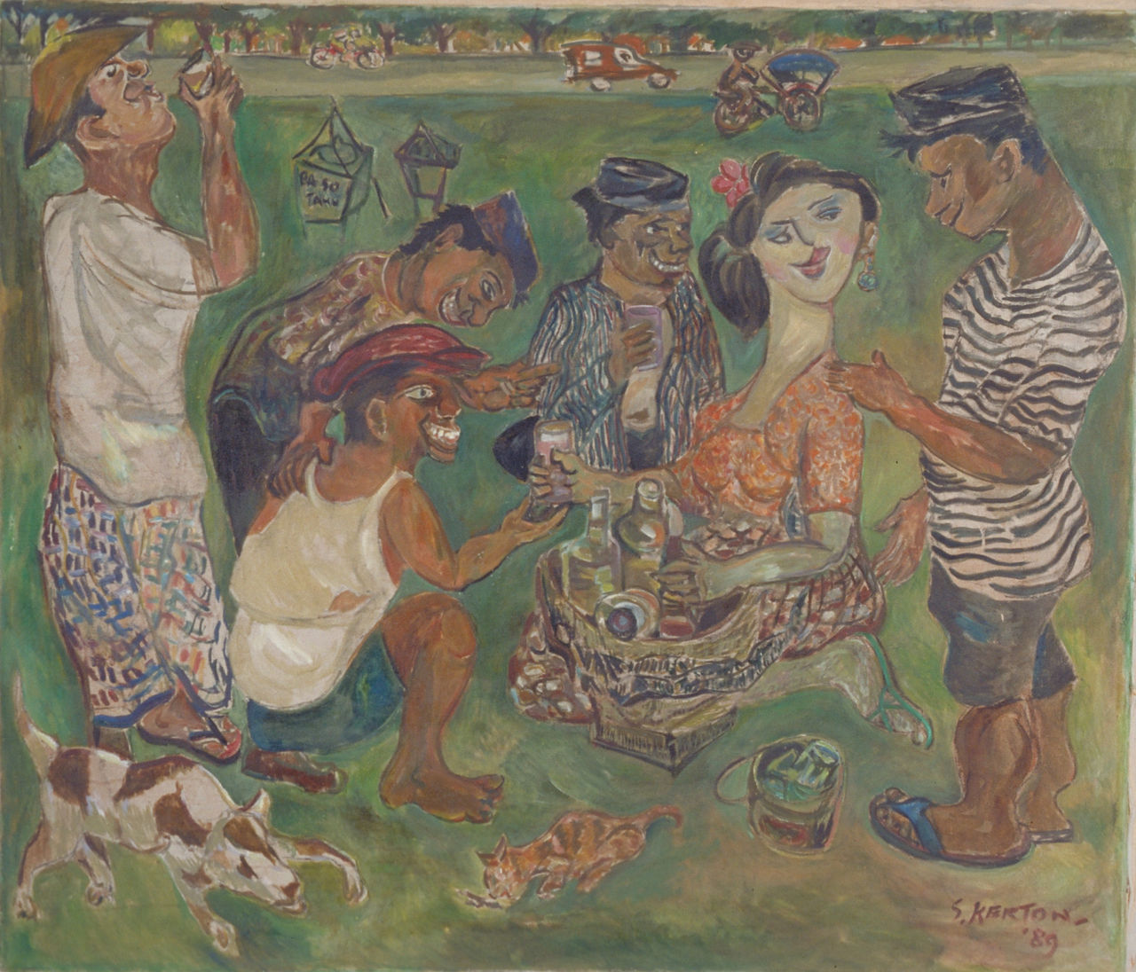 Flirten met de jamu-verkoopster, schilderij van Sudjana Kerton