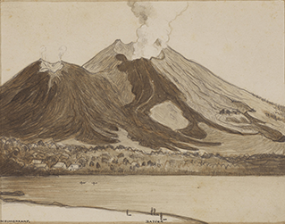 View on the Smoking Batoer Volcano Seen from Kedisan Beach, Bali