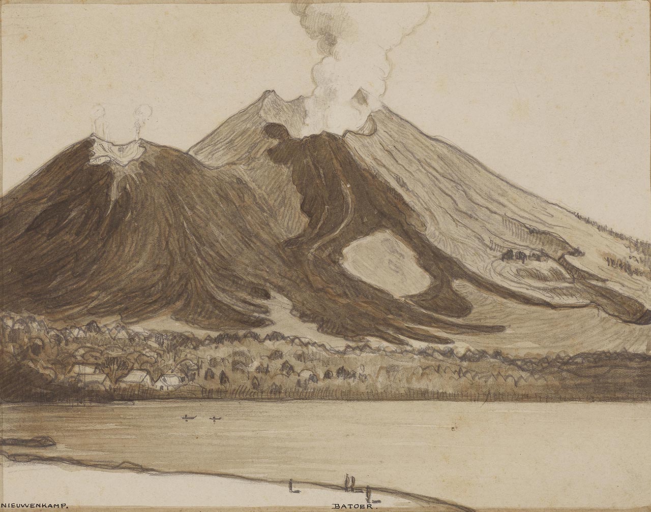 View on the Smoking Batoer Volcano Seen from Kedisan Beach, Bali