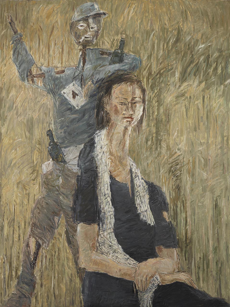 Woman Sitting in Front of Scarecrow II