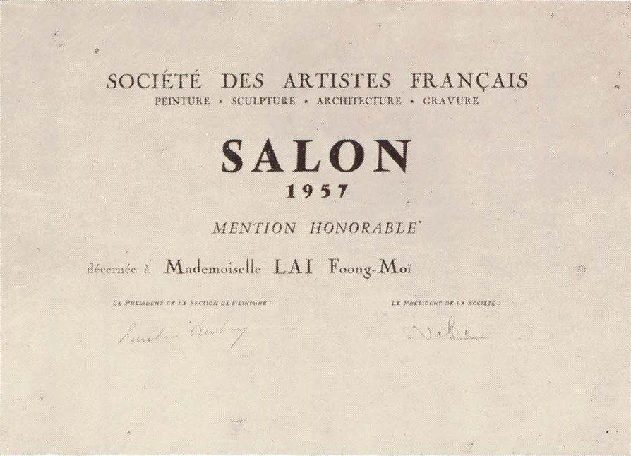 While in Paris, Lai contributed works to salons including those of the Société Nationale des Beaux-Arts, Société des Artistes Français and the Société des Artistes Indépendants. The works she submitted included nudes, landscapes from her travels and still life compositions.