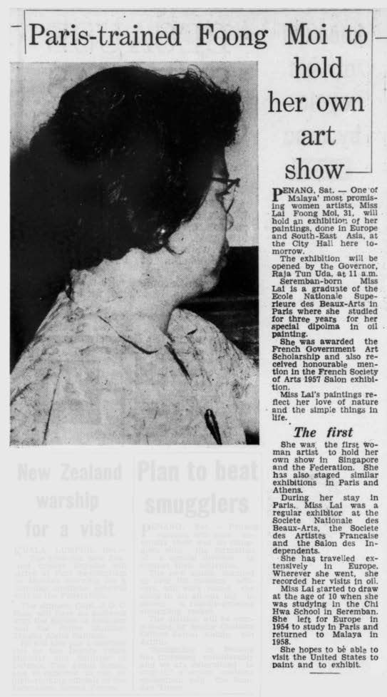 “Paris-trained Foong Moi to hold tier own art show,” The Straits Times, March 17, 1963.