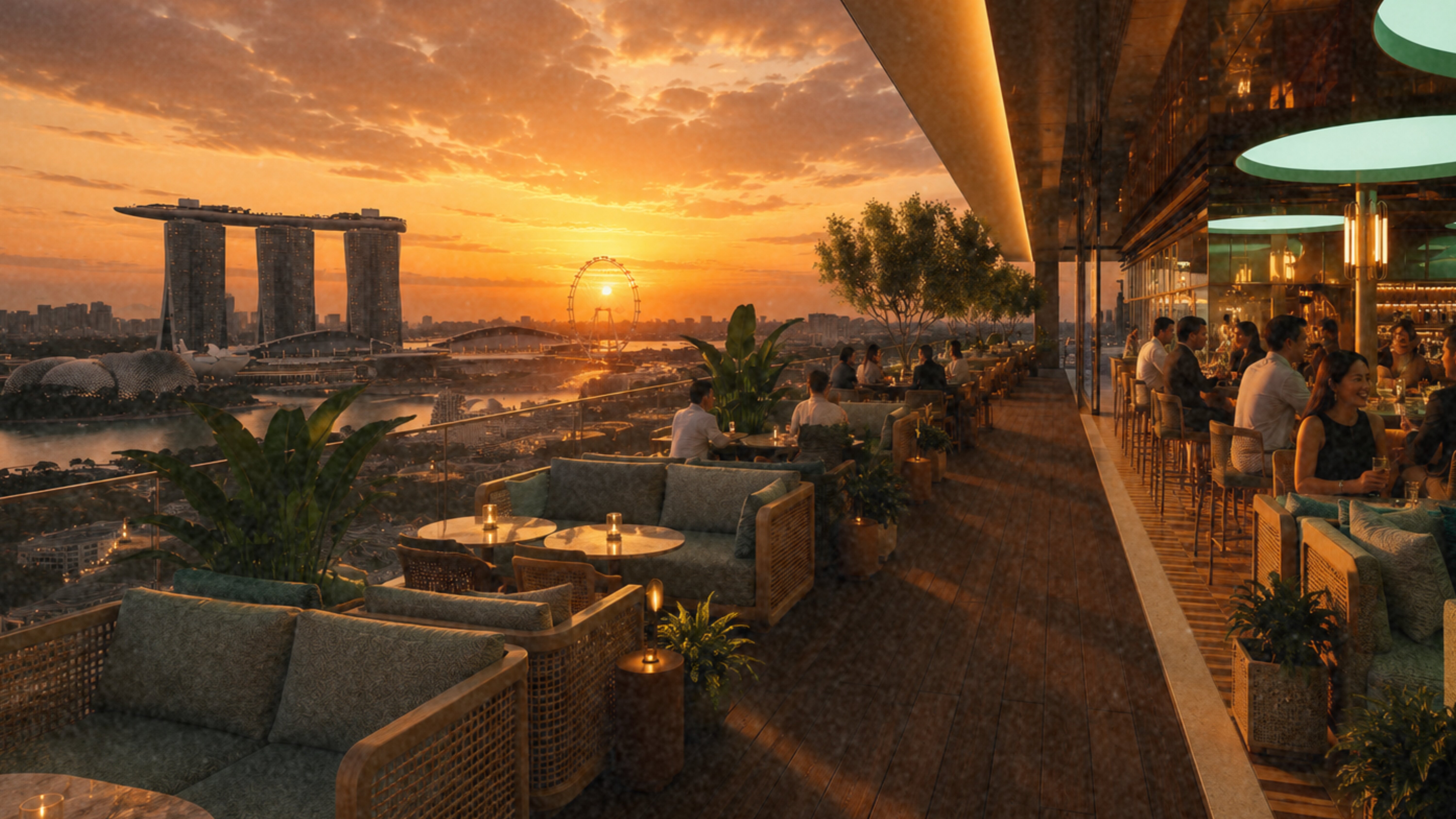 Scenic view of the Marina Bay Sands from the rooftop bar at National Gallery Singapore, with the city skyline in the background.